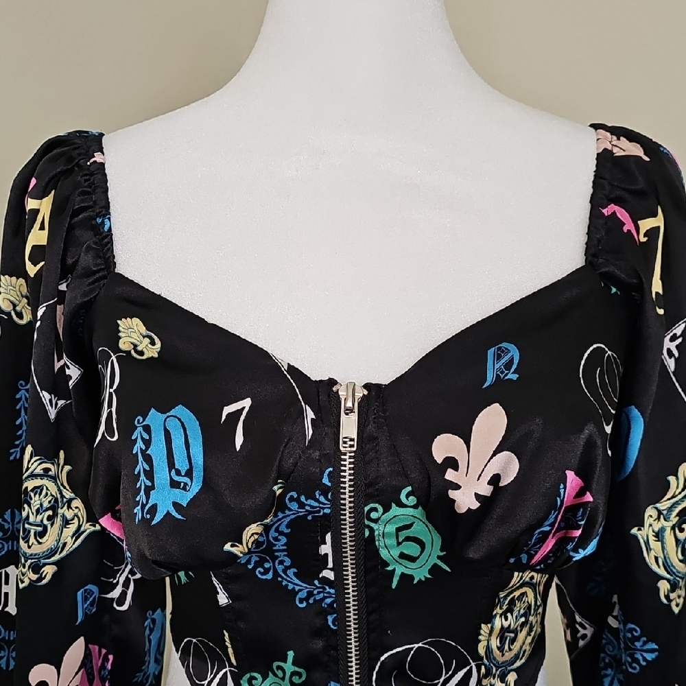 O.L.M Corset style Satin Black, Multicolor Crop Top Long Sleeve Size S - Picture 2 of 8
